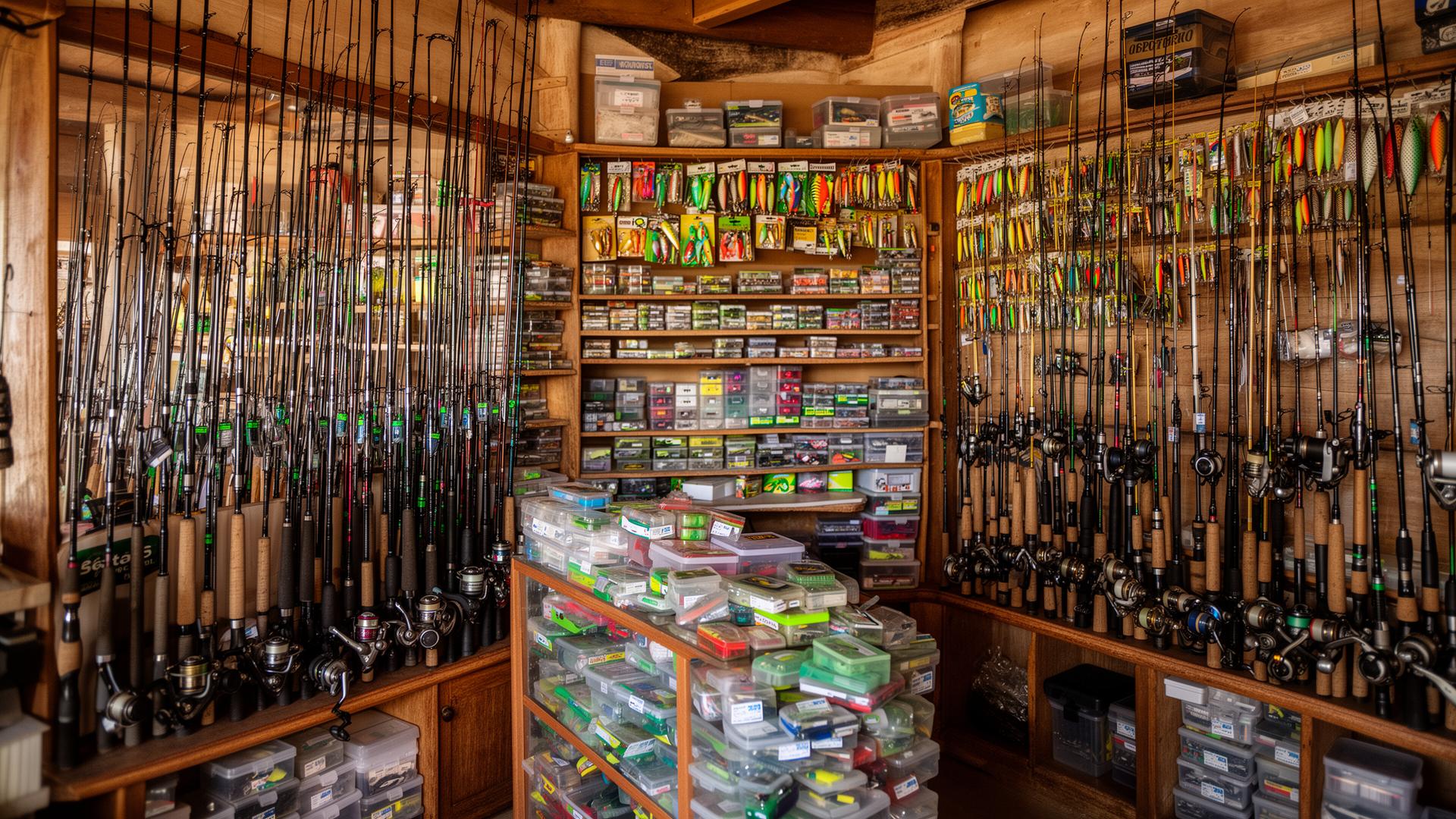 Interior da loja de pesca Pescaki em Jundiaí, com varas, molinetes e iscas